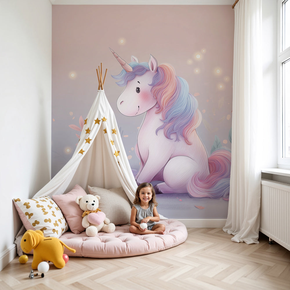 Pastel unicorn mural wallpaper creating magical nursery decor with pink and blue tones by Kids-Mundo
