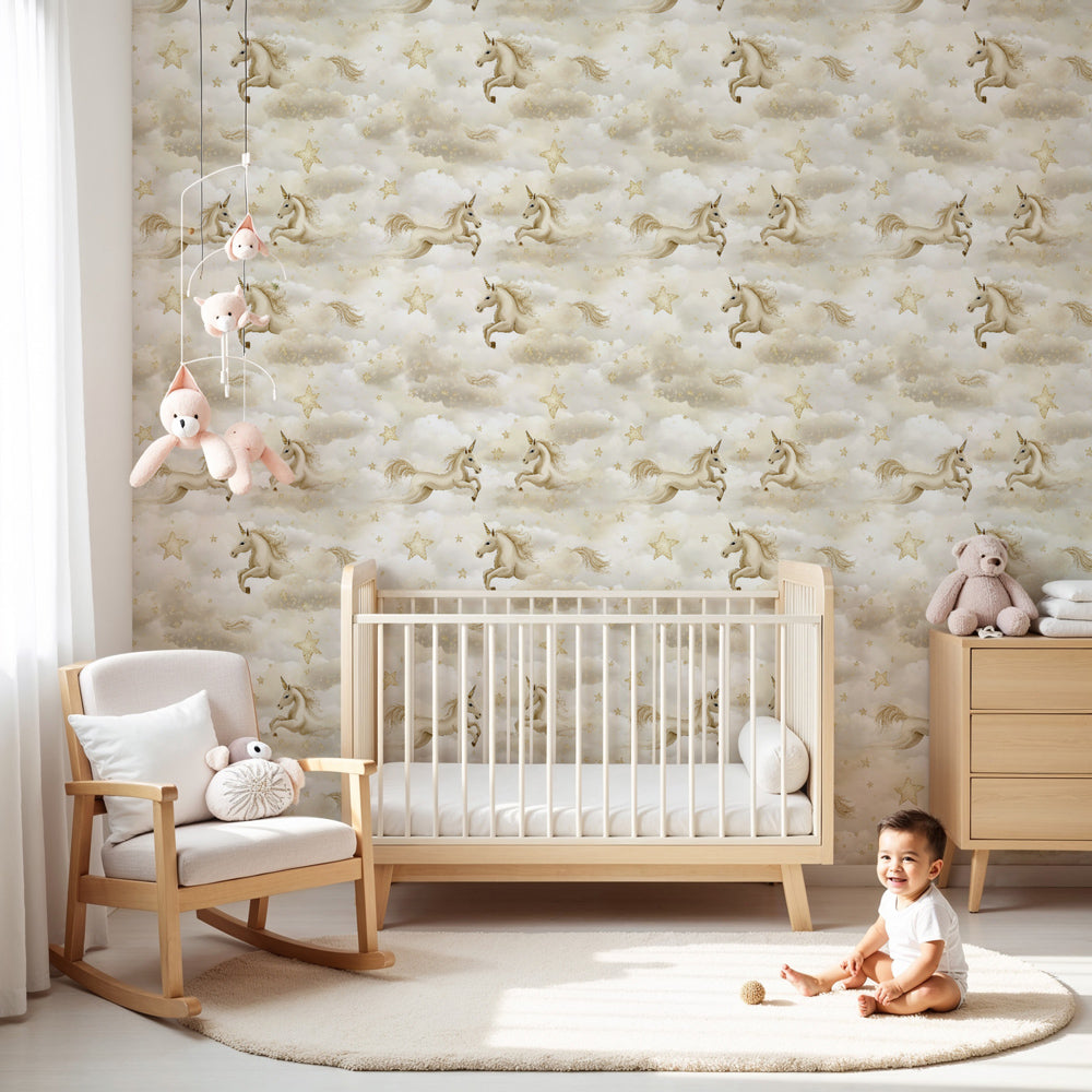 Unicorn mural wallpaper with golden clouds creating magical nursery decor by Kids-Mundo