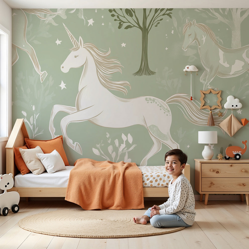 Elegant unicorn forest mural wallpaper in modern nursery with soft green tones by Kids-Mundo