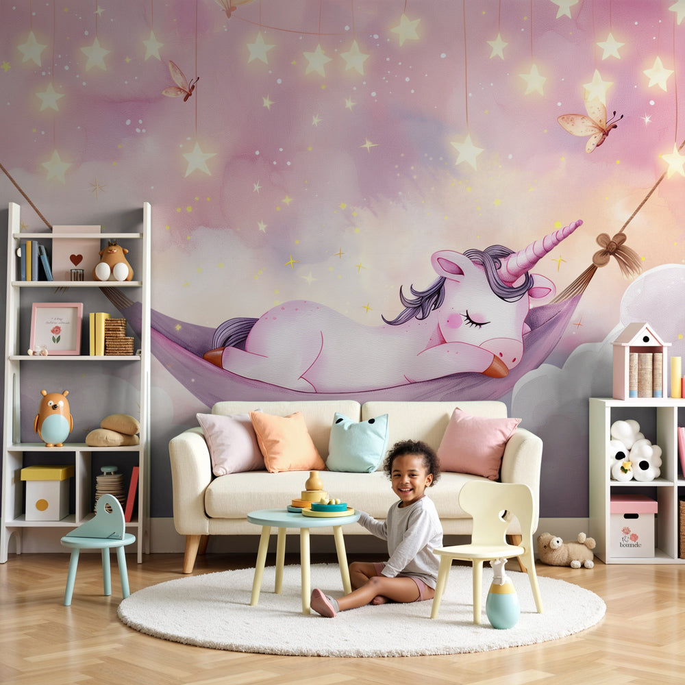 Sleeping unicorn in cloud hammock mural wallpaper in modern nursery by Kids-Mundo