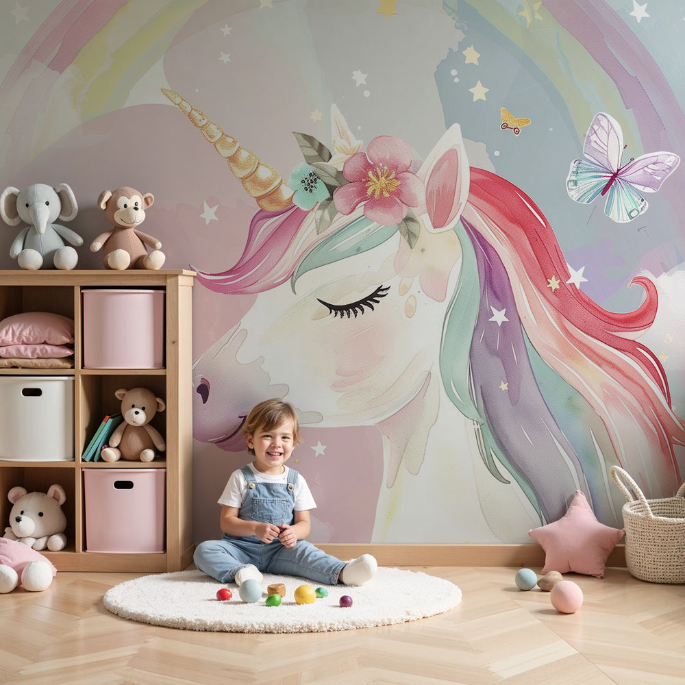 Enchanted unicorn mural wallpaper with pastel butterflies in modern nursery by Kids-Mundo