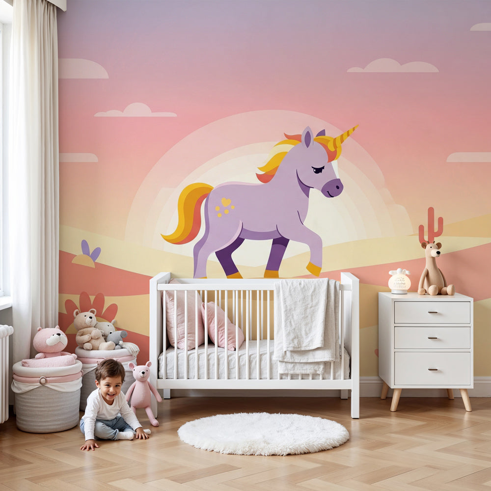 Unicorn sunset mural wallpaper in modern kids bedroom with pastel decor by Kids-Mundo