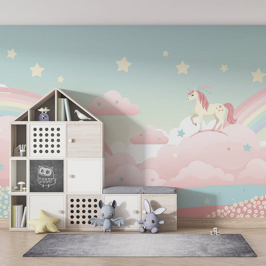 Kids bedroom with the Kids-Mundo unicorn on pink clouds rainbow wall mural as a feature wall