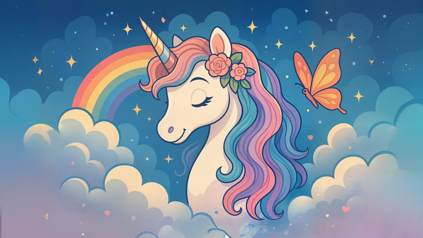 Flat artwork of the Kids-Mundo unicorn wall mural with rainbow, roses, butterfly and starry sky