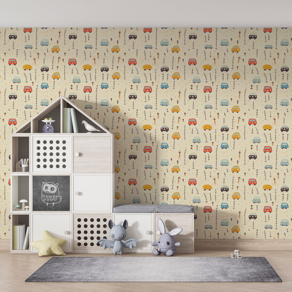 Cars and trucks wallpaper transforming nursery into transportation adventure theme by Kids-Mundo