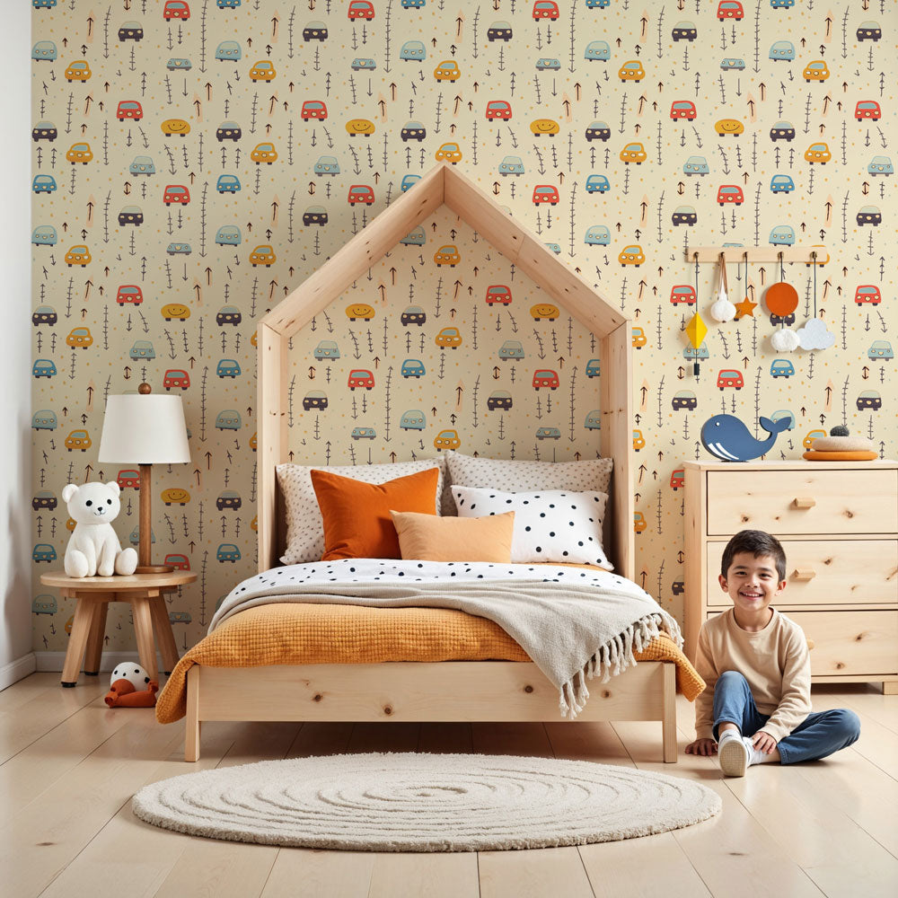 Colorful vehicles mural wallpaper creating playful atmosphere in modern kids playroom by Kids-Mundo