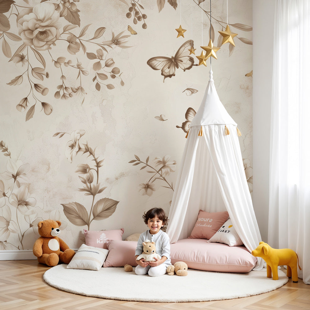 Vintage floral mural wallpaper with beige flowers and sepia butterflies in elegant nursery by Kids-Mundo