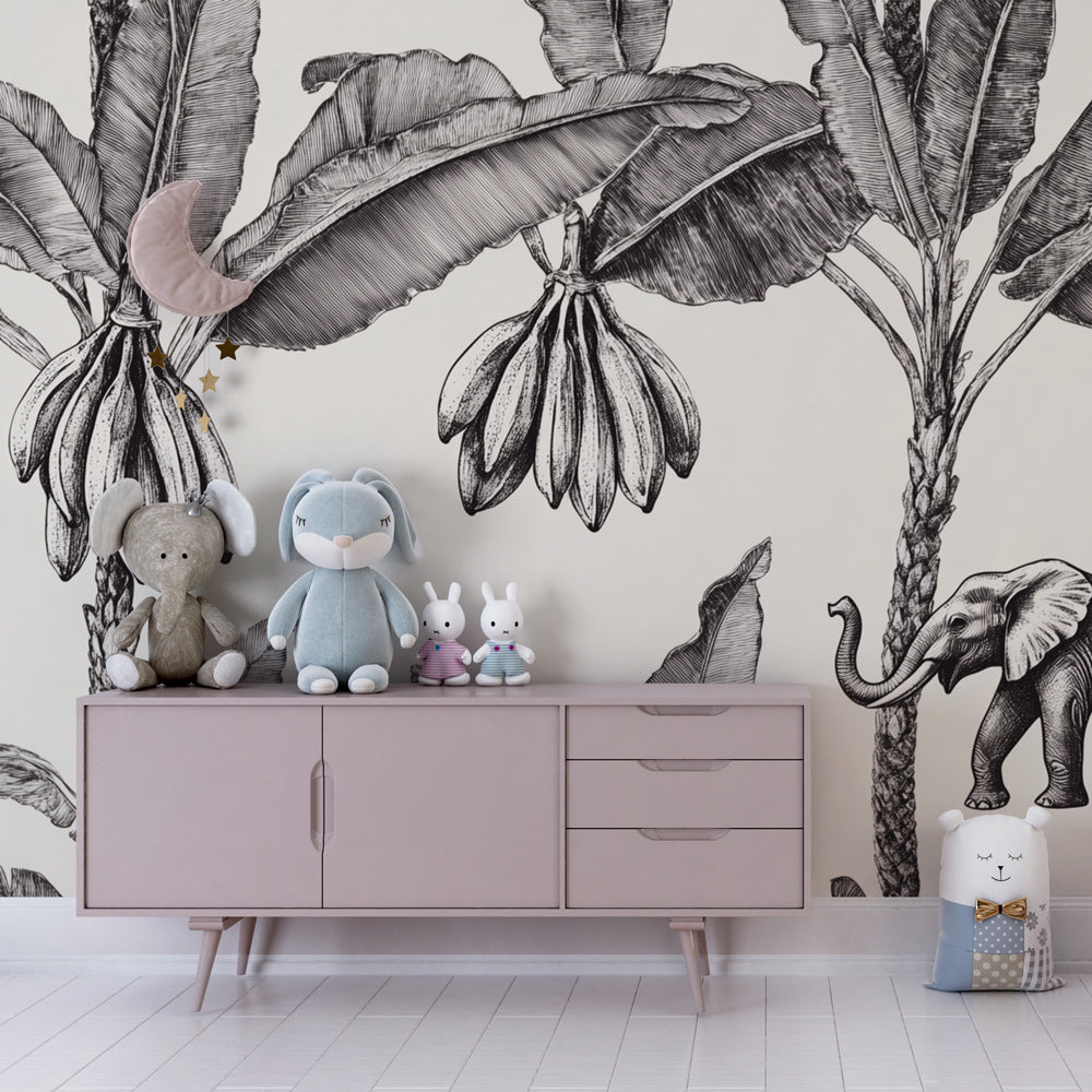 Black and white elephant jungle wallpaper creating sophisticated kids bedroom decor