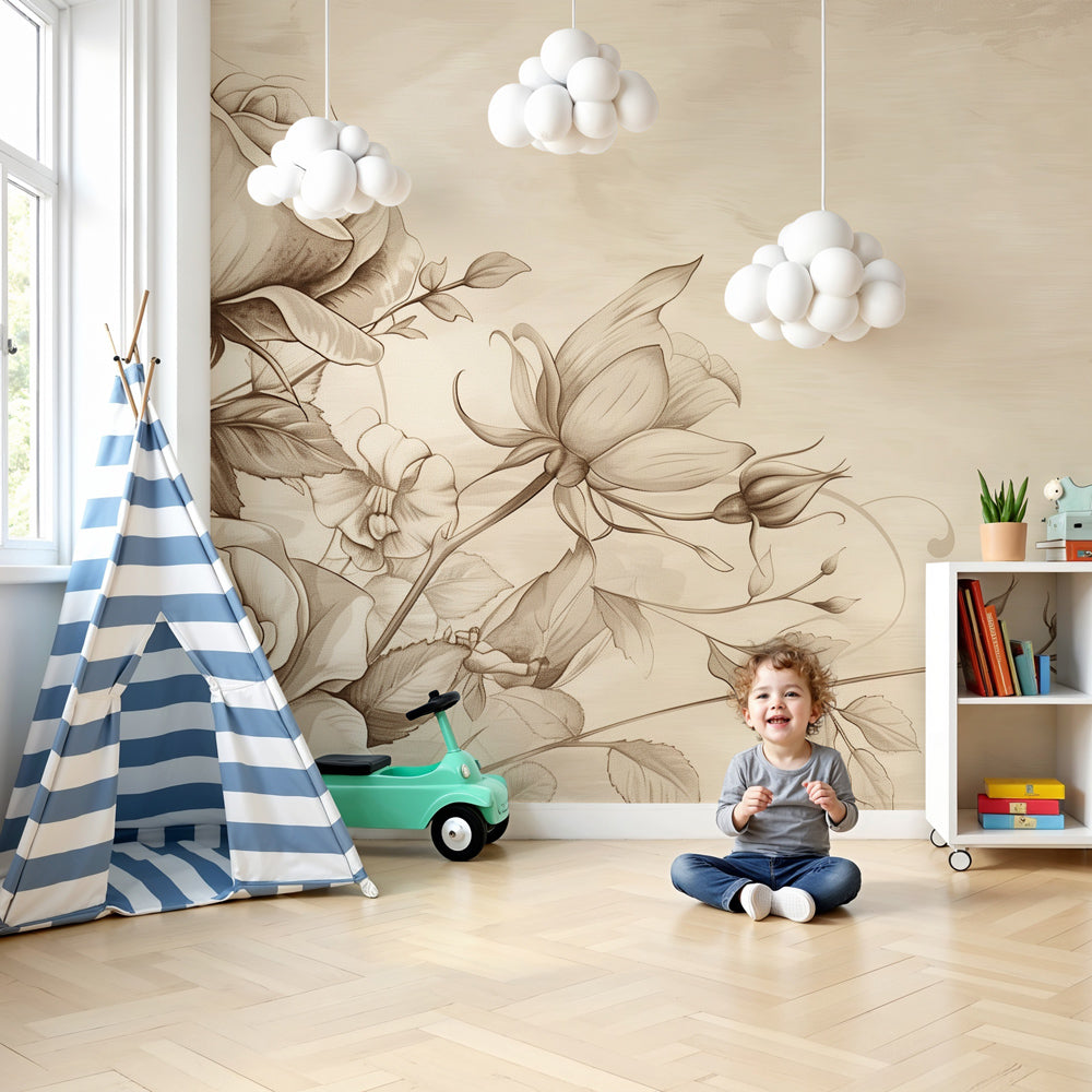 Vintage roses mural wallpaper with sepia butterflies in elegant girls' nursery by Kids-Mundo