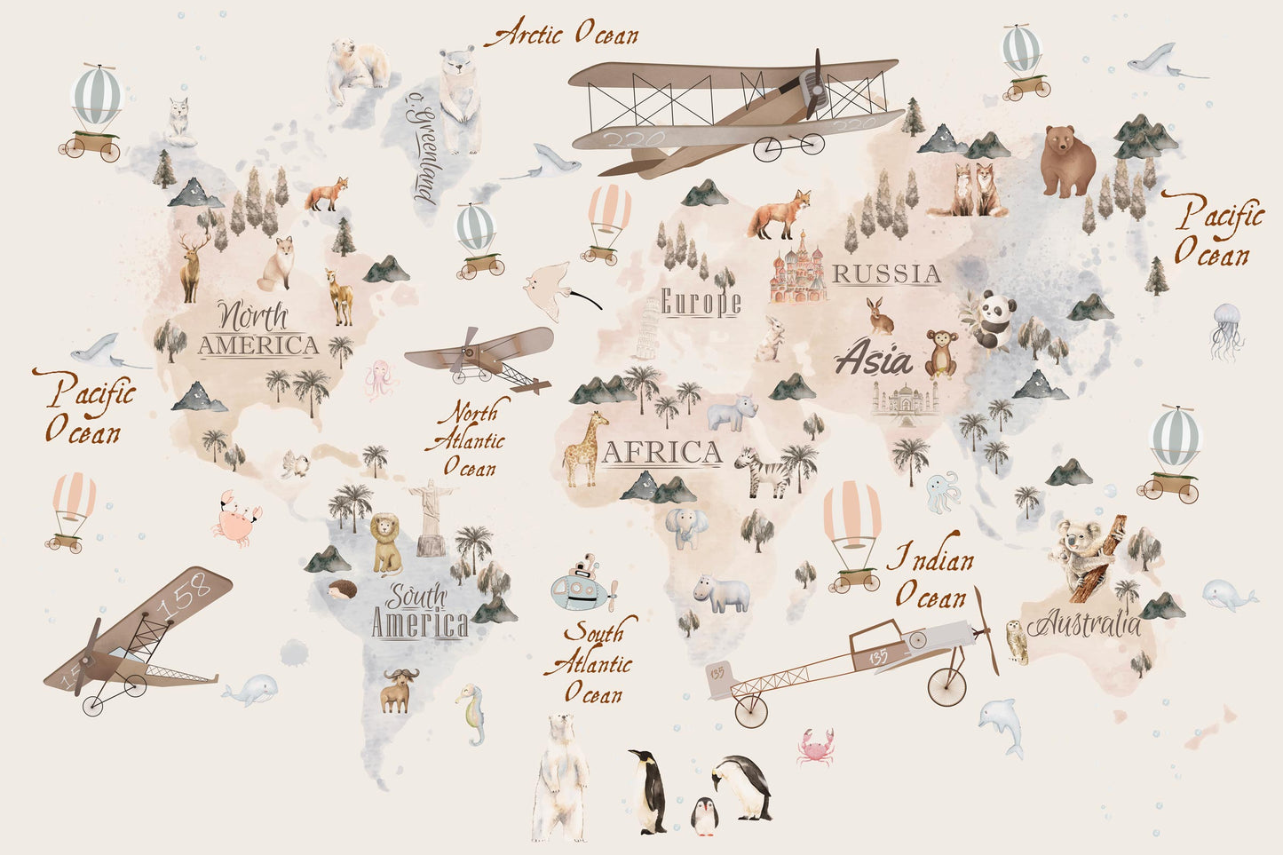 Kids-Mundo vintage world map wall mural flat artwork with animals and vintage biplanes