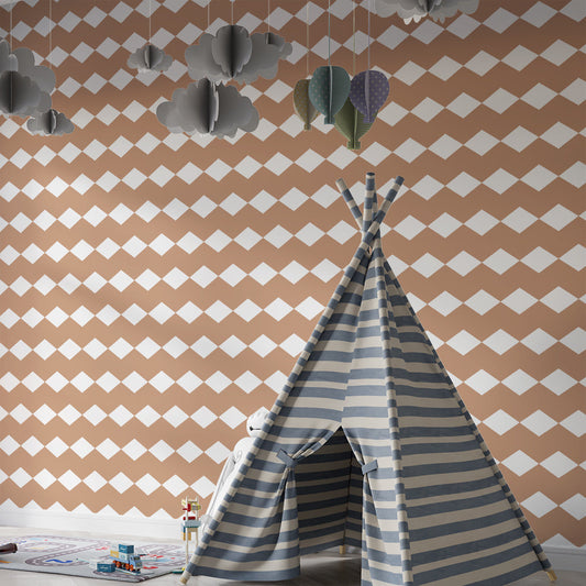 Kids-Mundo caramel diamond wallpaper on a kids bedroom wall with wooden furniture