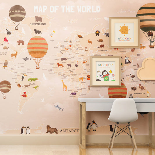 Kids-Mundo world map wall mural on a kids' bedroom wall, terracotta and green balloons among wild animals.