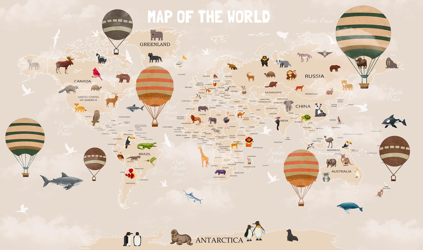Kids-Mundo world map wall mural artwork in warm terracotta and green tones, filled with animals and balloons.