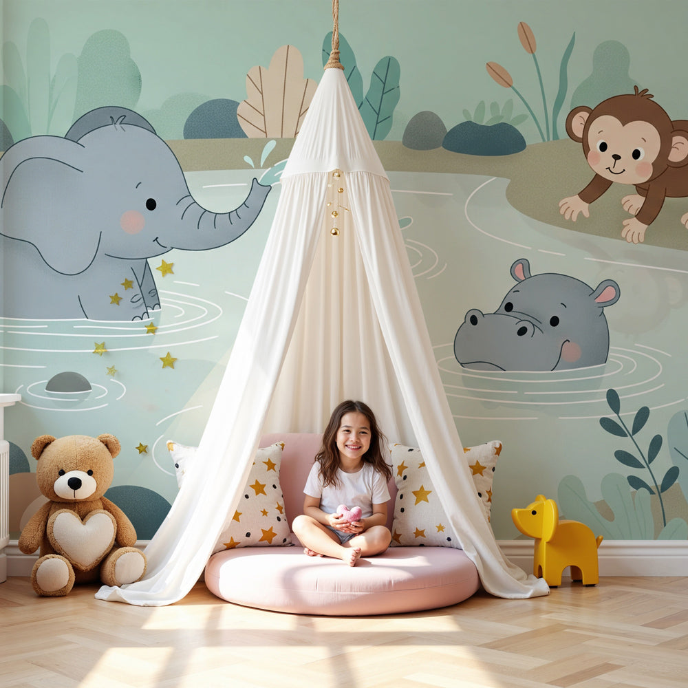 Water animals mural wallpaper with elephant and hippo in peaceful nursery setting by Kids-Mundo