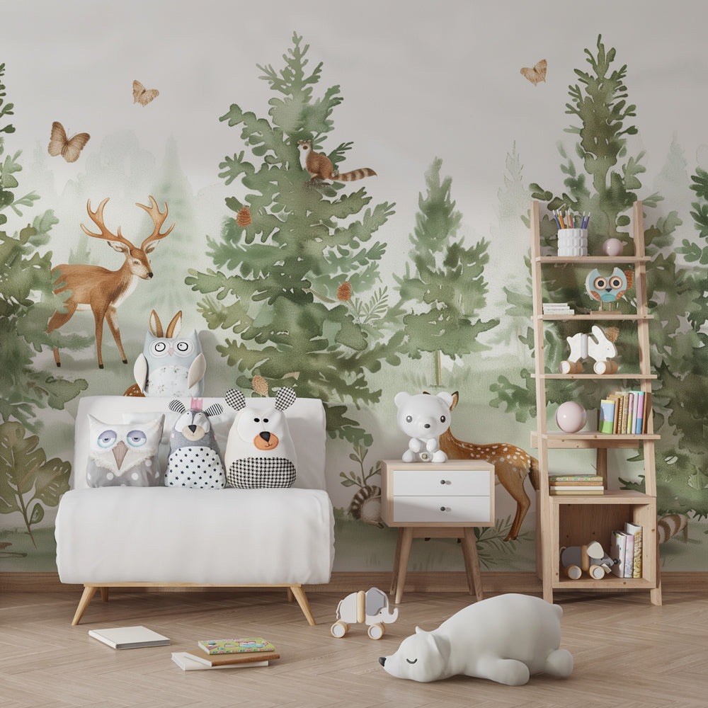 Enchanting forest wallpaper with butterflies transforming kids bedroom into woodland sanctuary