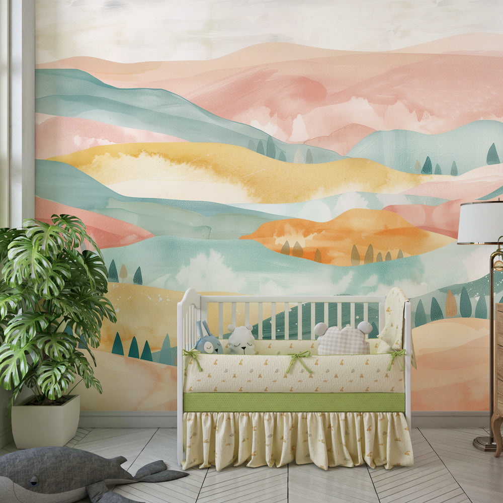 Pastel watercolor hills wallpaper creating peaceful atmosphere in kids bedroom decor