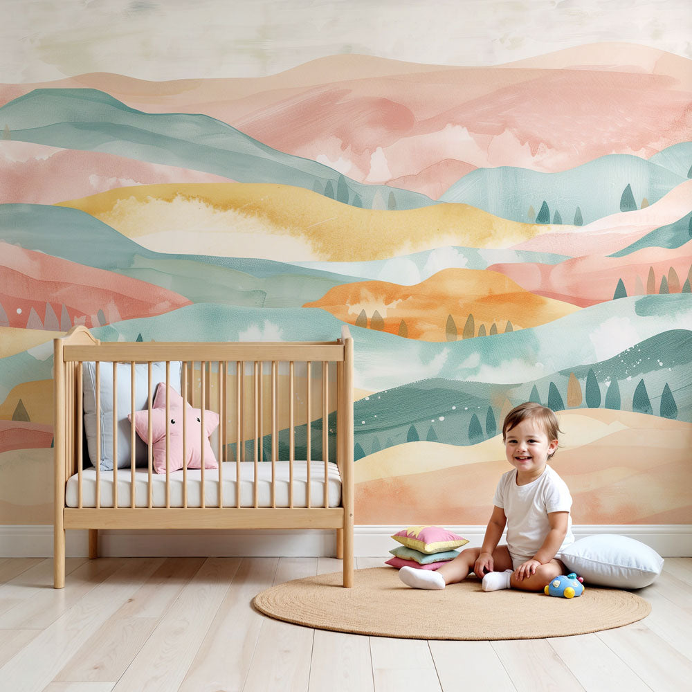 Watercolor landscape mural wallpaper with pastel dreamy hills in modern baby nursery by Kids-Mundo