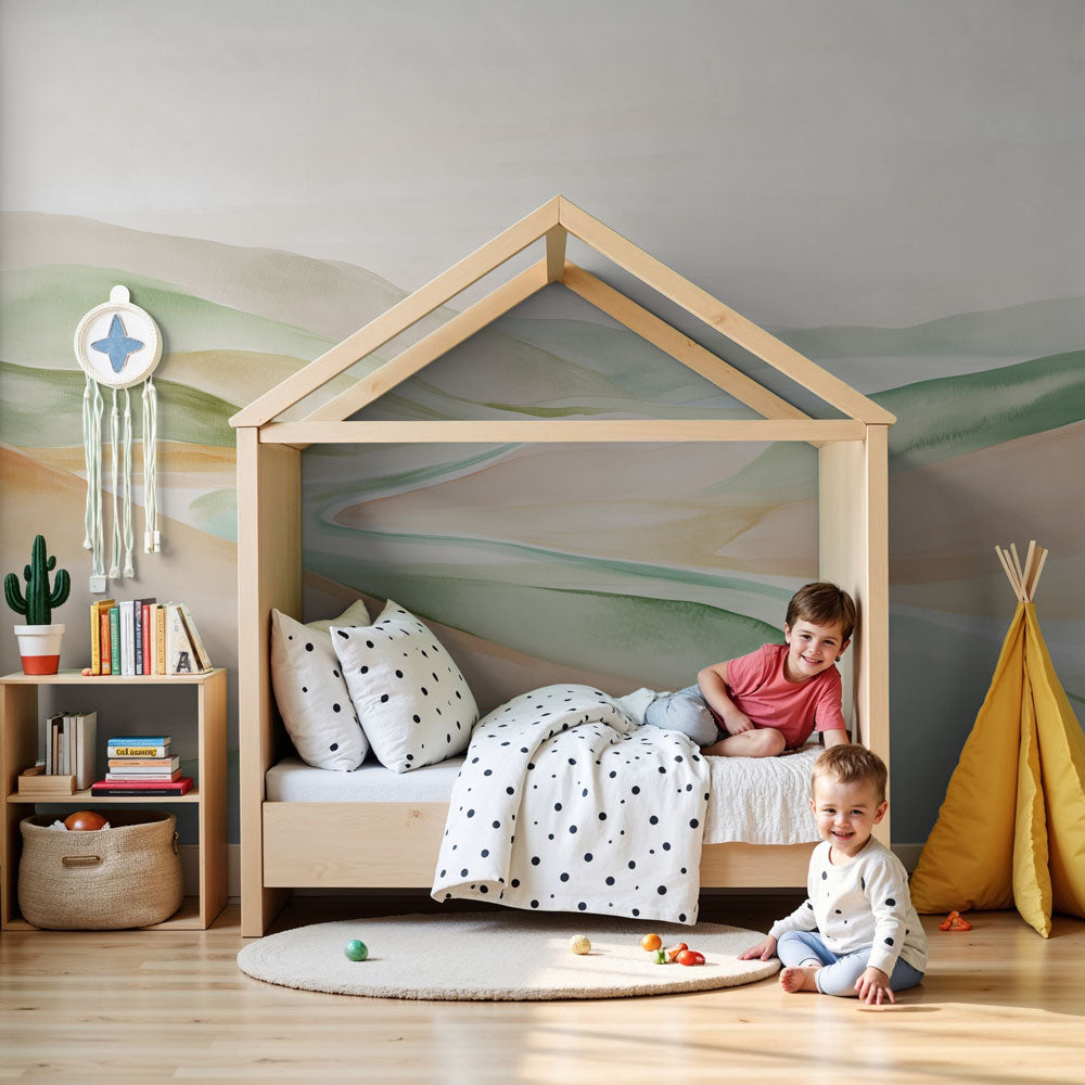 Watercolor landscape mural wallpaper in peaceful nursery with soft pastel valleys by Kids-Mundo