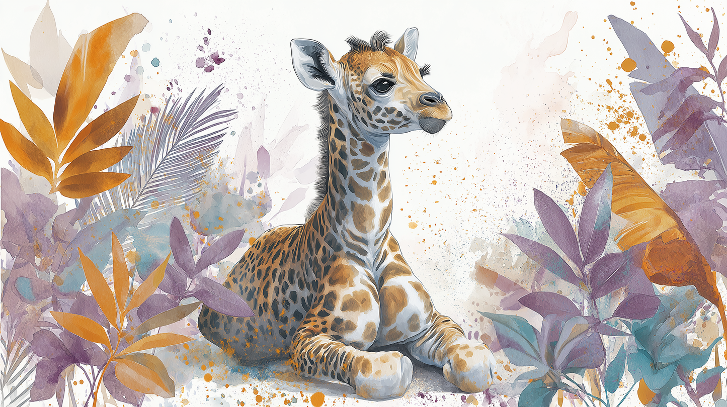 Flat artwork preview of the Kids-Mundo watercolour baby giraffe jungle wall mural design