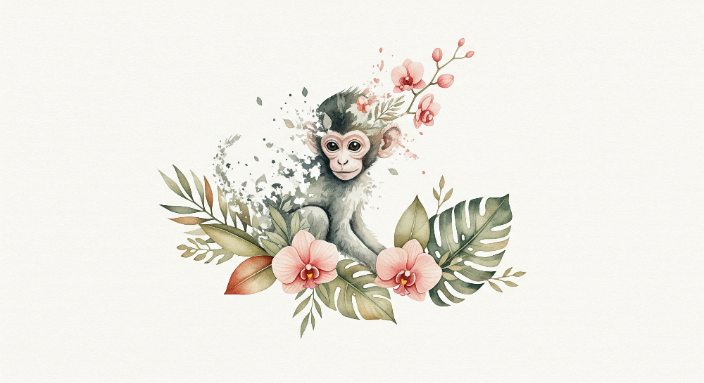 Watercolour Baby Monkey and Blossom Wall Mural