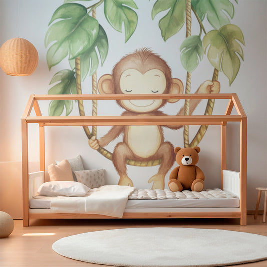 Kids-Mundo watercolour monkey on a swing mural styled in a child's bedroom