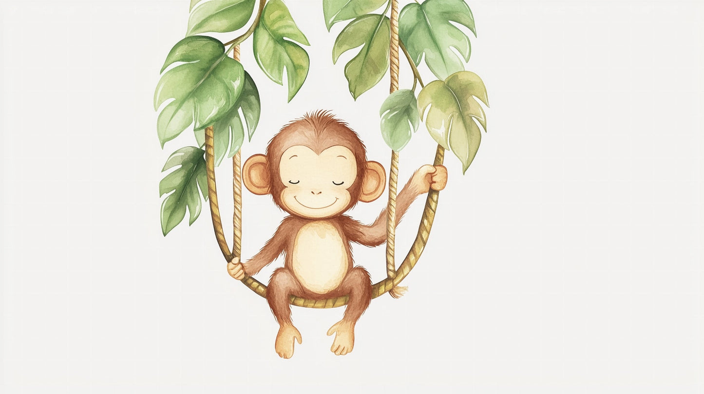 Kids-Mundo flat artwork of a watercolour baby monkey sleeping on a leafy swing mural