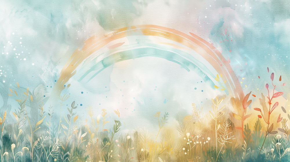 Flat artwork of the Kids-Mundo watercolour rainbow wall mural over a wildflower meadow