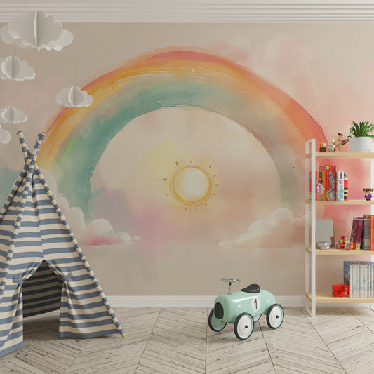 Kids-Mundo soft rainbow wallpaper mural styled in a toddler bedroom with warm wooden furniture