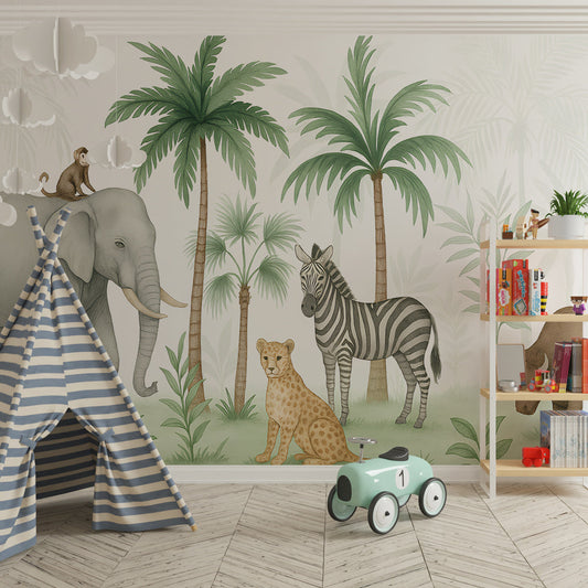 Kids-Mundo safari wall mural with elephant and zebra above a bed in a bedroom