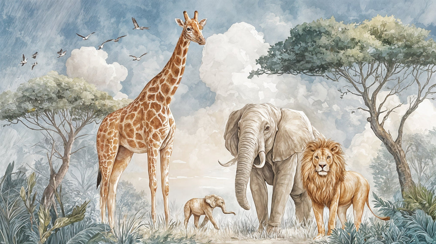 Kids-Mundo flat artwork of a watercolour safari scene with giraffe, elephants, lion and birds