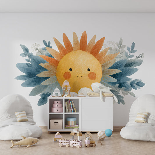 Kids-Mundo smiling sun and clouds wall mural featured behind a bed in a bright kids bedroom