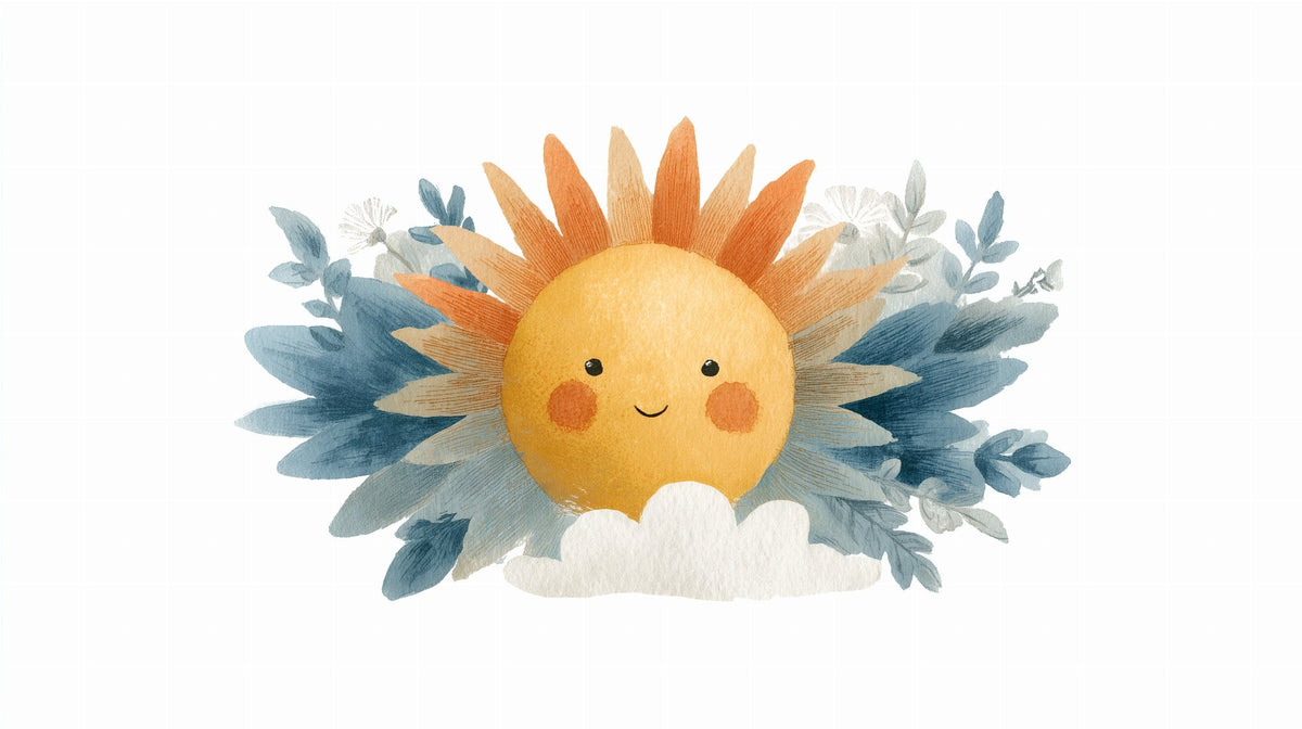 Smiling Watercolour Sun on a Cloud Wall Mural