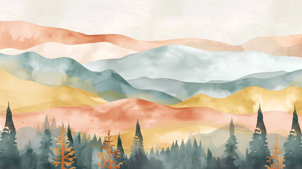 Flat artwork of layered watercolour mountains in terracotta and gold, Kids-Mundo mural