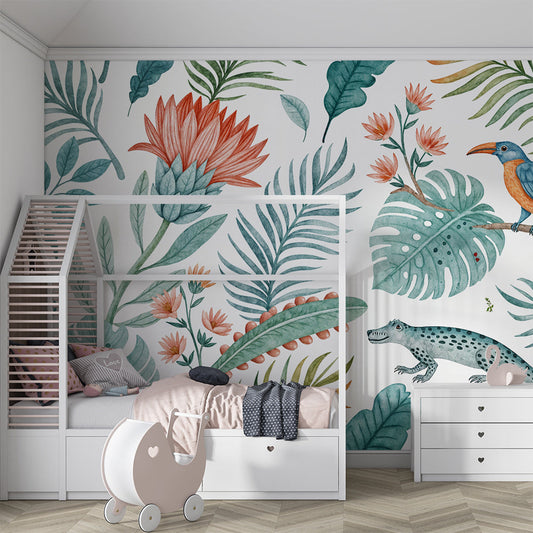 Kids-Mundo soft watercolour botanical wallpaper mural with tropical bird in a kids bedroom