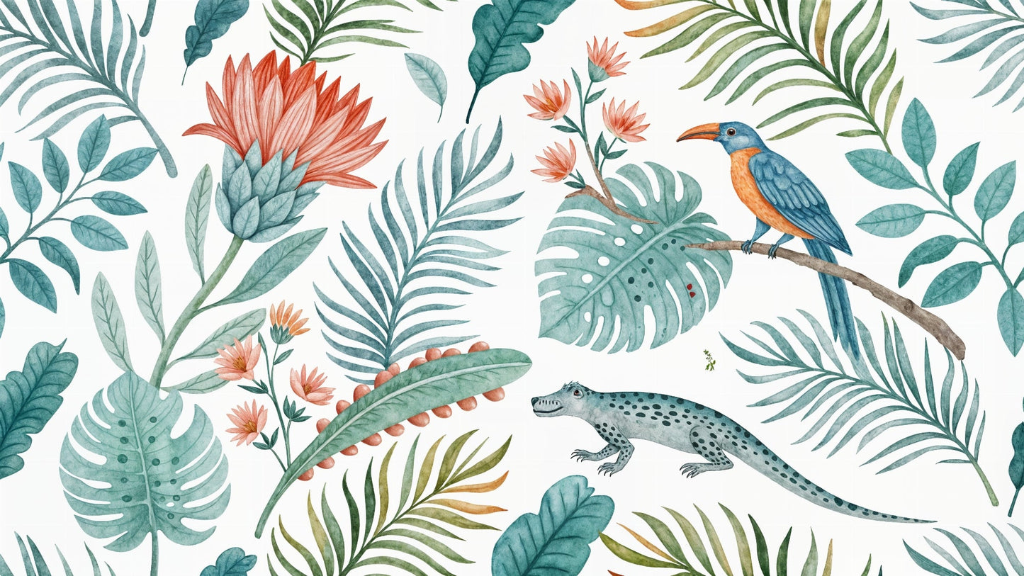 Kids-Mundo flat artwork of watercolour tropical leaves, bird and lizard wall mural design