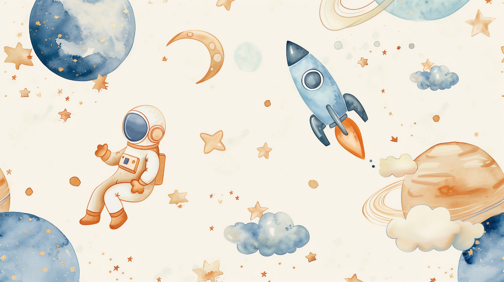 Kids-Mundo flat artwork of a waving astronaut, rocket, crescent moon and ringed planet on cream.