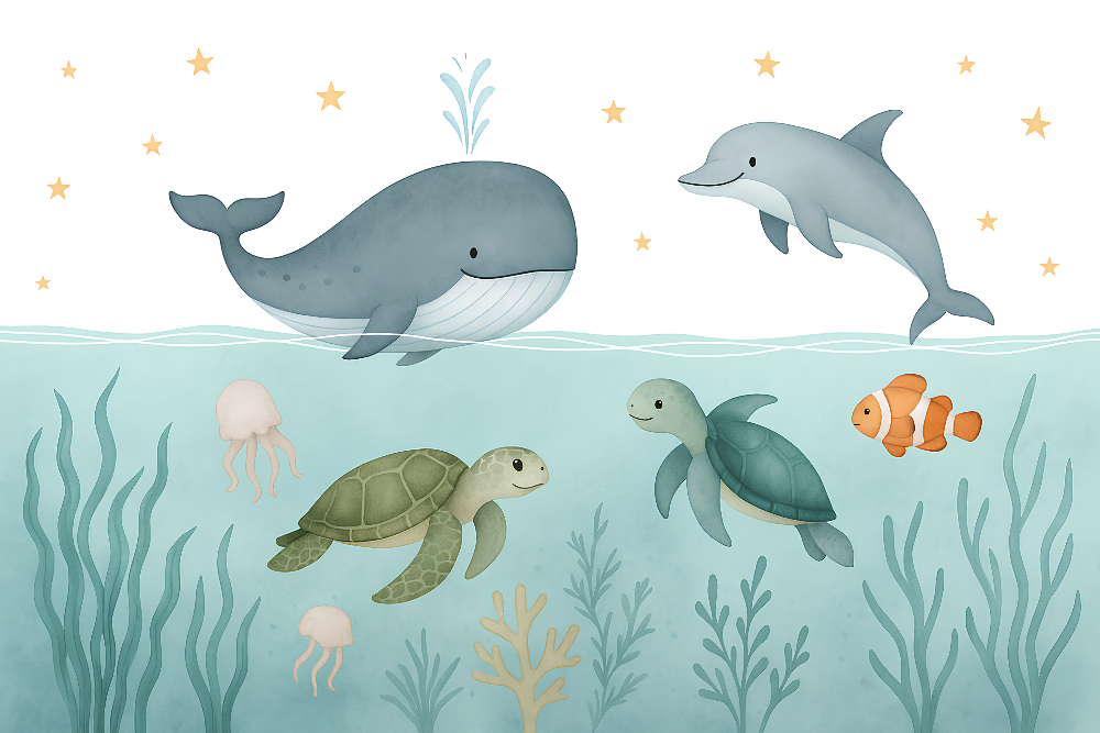 Kids-Mundo flat artwork print of the whale and dolphin ocean adventure design.