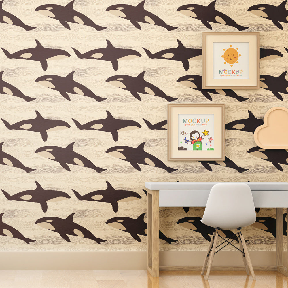 Ocean wave mural wallpaper with orcas decorating children's bedroom with marine theme