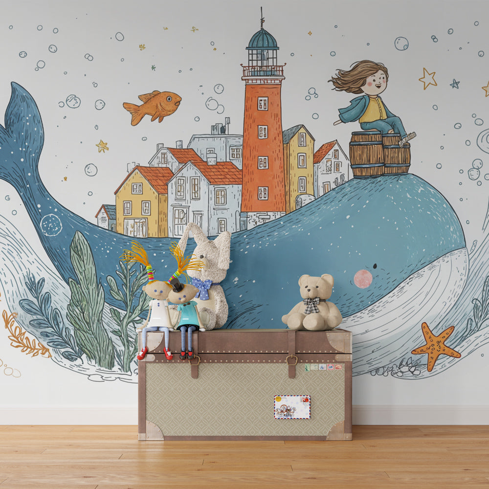 Children's whale adventure mural wallpaper in bright blue bedroom setting by Kids-Mundo