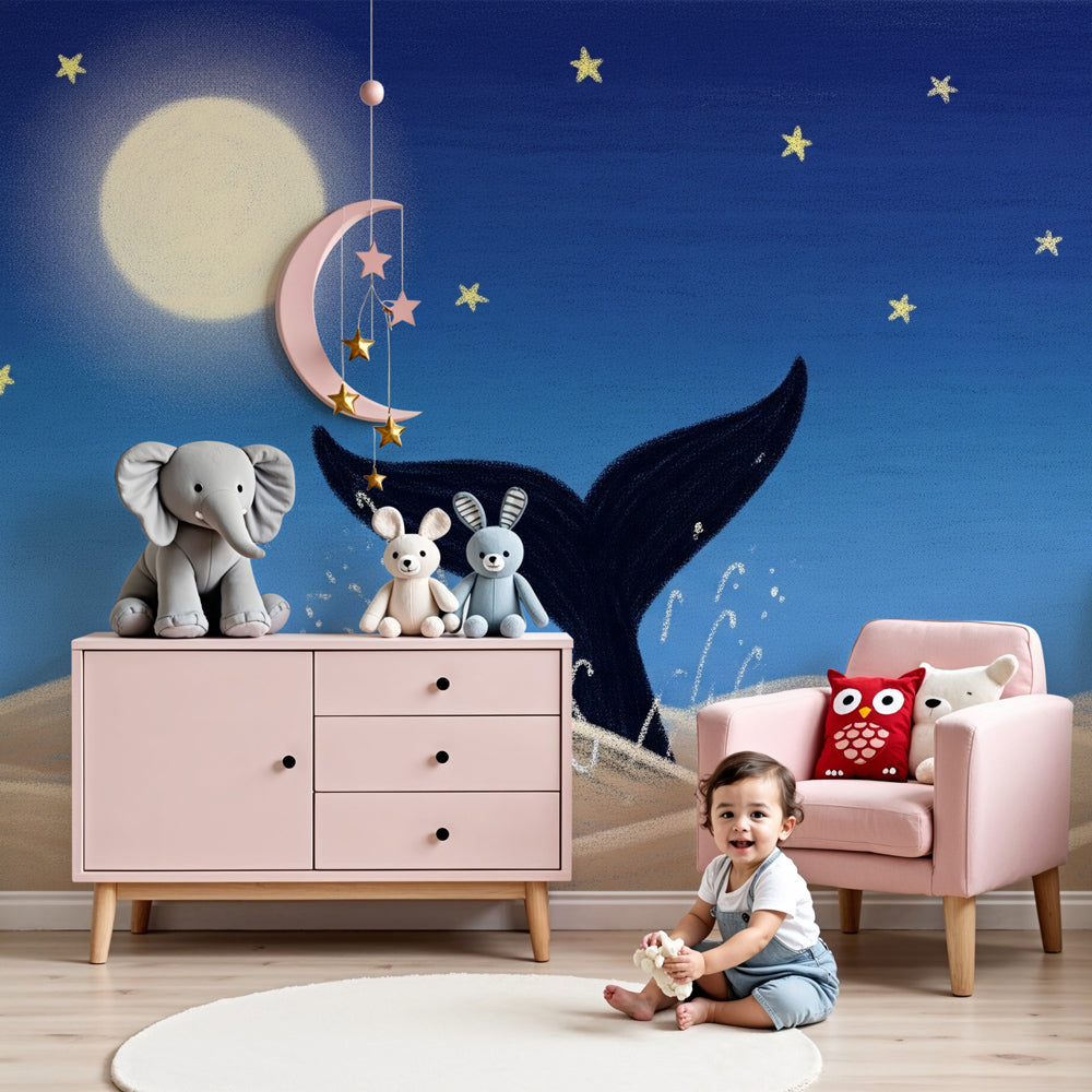 Whale mural wallpaper creating dreamy ocean nursery with moonlit night sky by Kids-Mundo