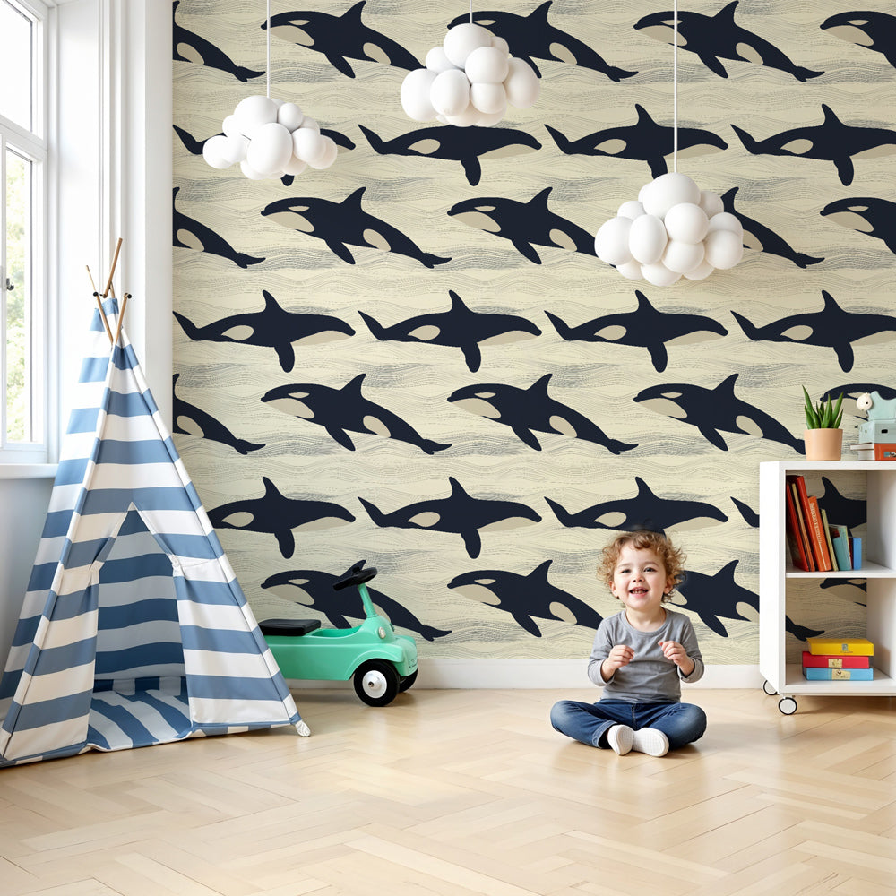 Whale orca mural wallpaper creating serene ocean atmosphere in modern kids nursery by Kids-Mundo