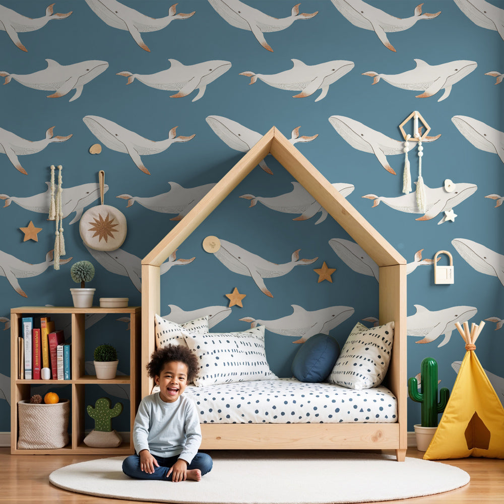Blue whale mural wallpaper creating peaceful ocean atmosphere in modern kids nursery by Kids-Mundo