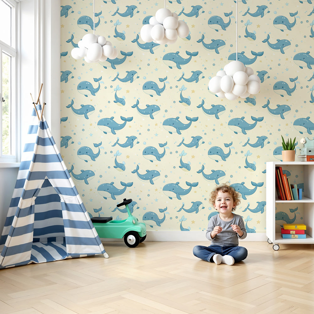 Whale mural wallpaper creating magical ocean nursery decor with blue tones by Kids-Mundo