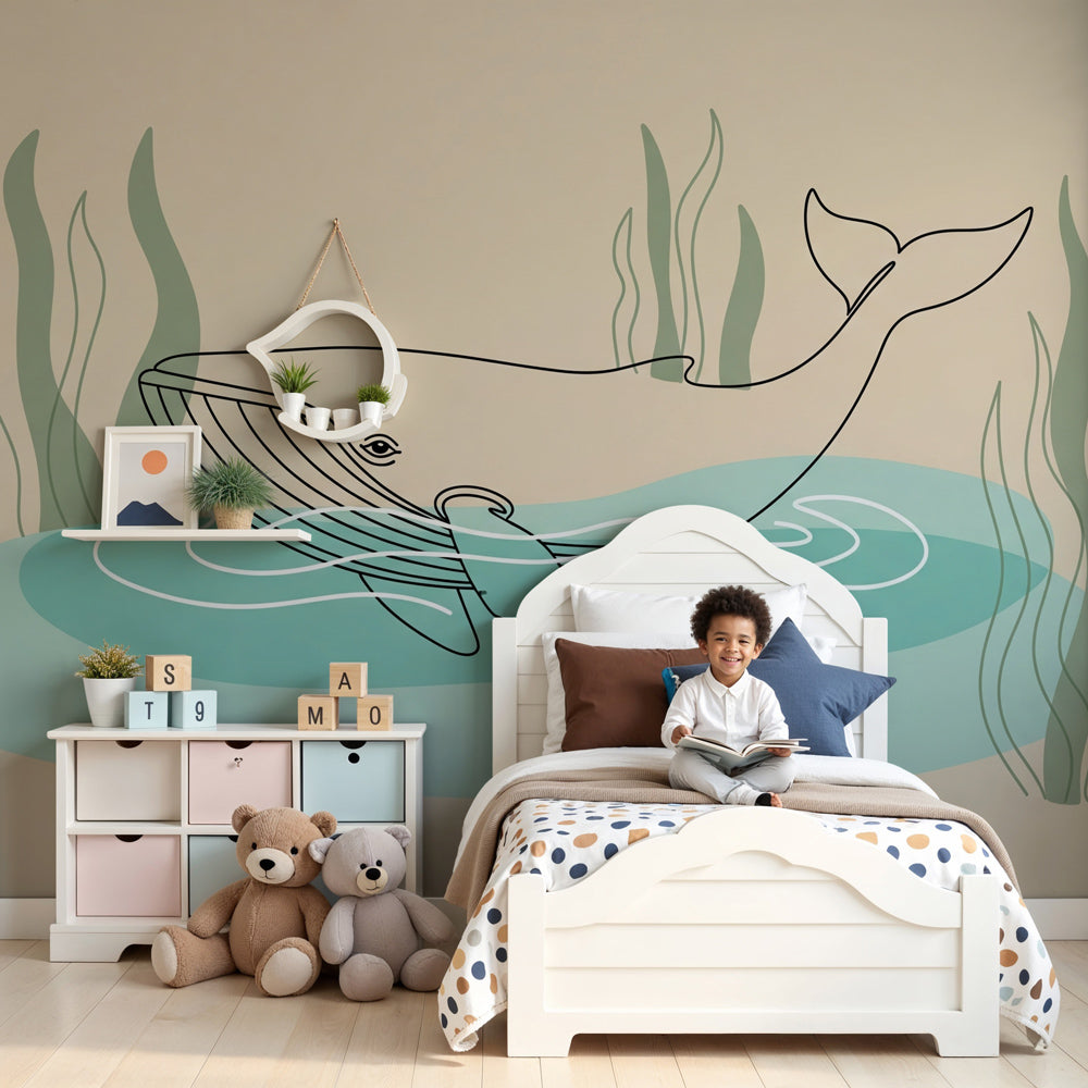 Whale ocean mural wallpaper creating peaceful marine atmosphere in modern nursery by Kids-Mundo
