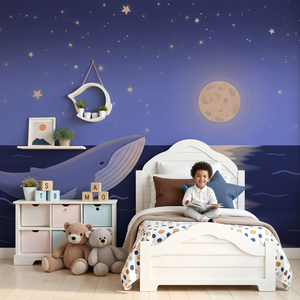 Whale stars mural wallpaper creating dreamy ocean nursery decor with moonlit night theme by Kids-Mundo