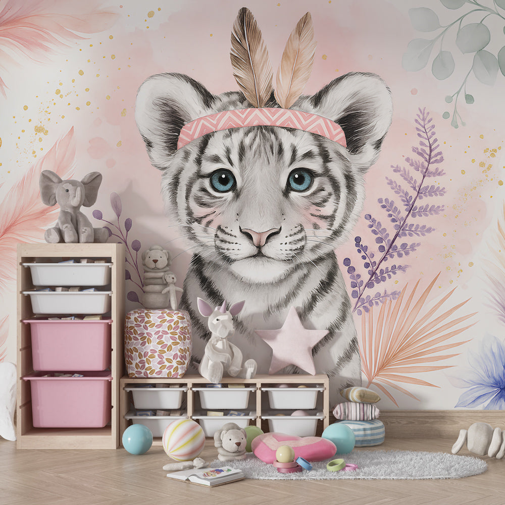 Elegant white tiger wallpaper in pastel pink children's bedroom setting with natural decor