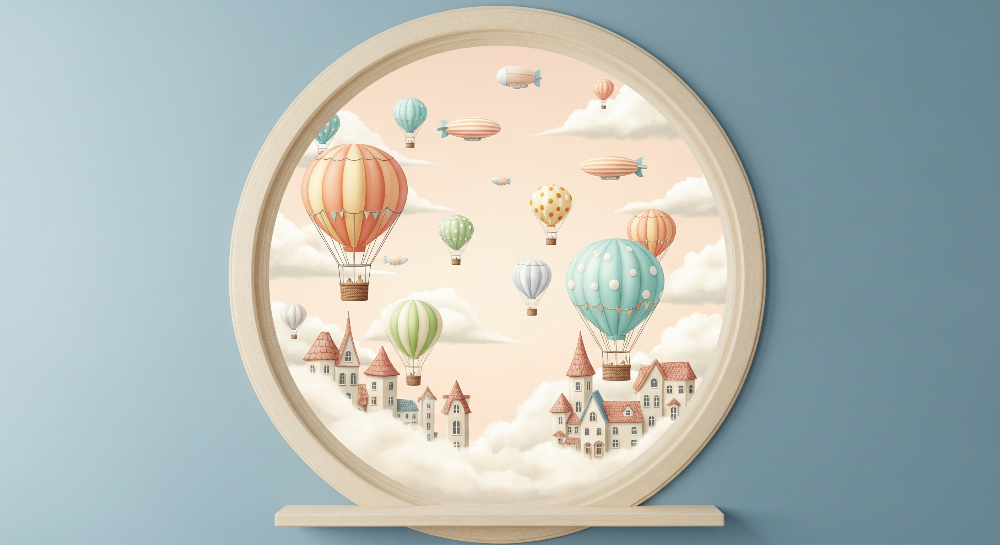Kids-Mundo flat artwork of a round window showing hot air balloons over a fairytale village