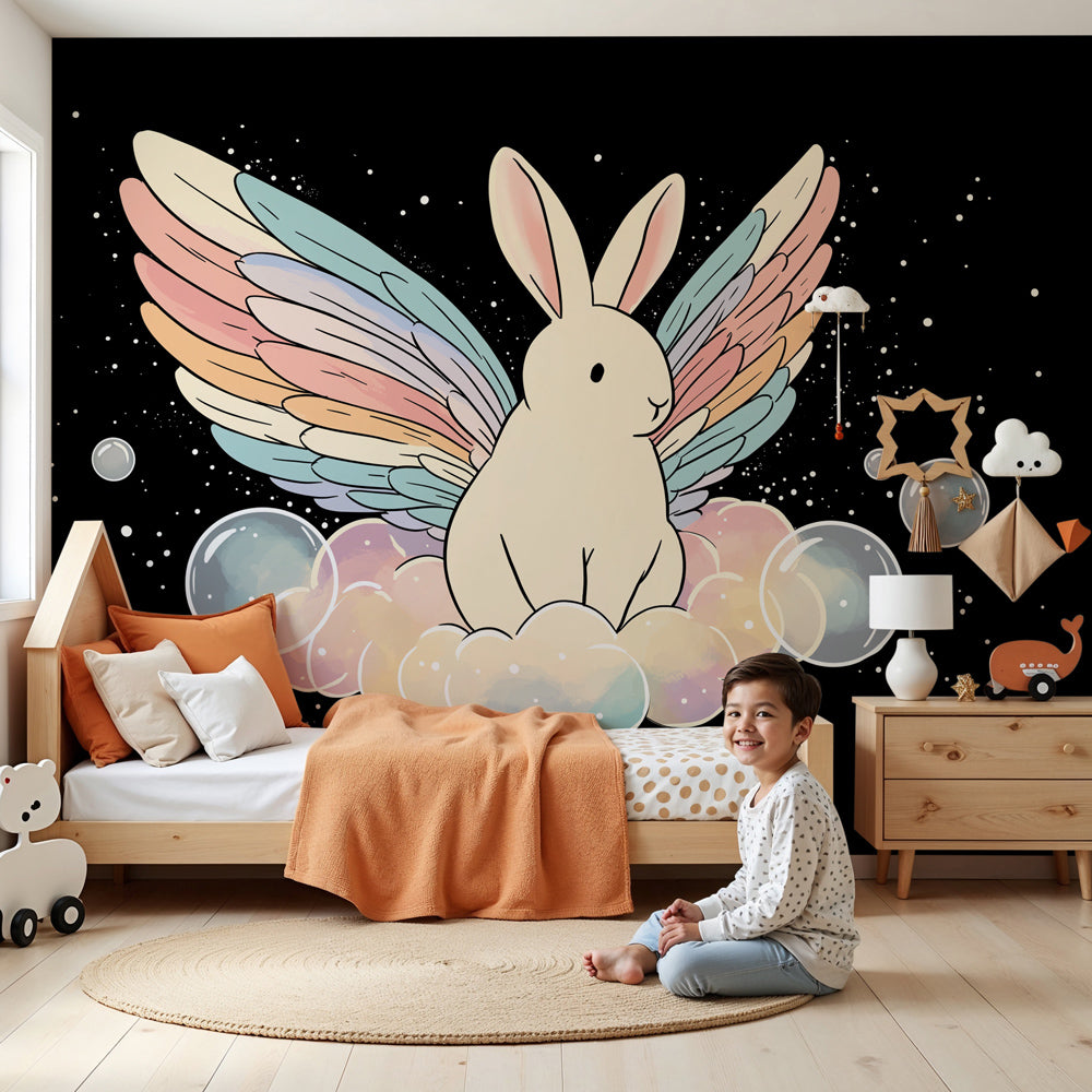 Winged rabbit mural wallpaper in modern nursery with soft cloud and bubble design by Kids-Mundo