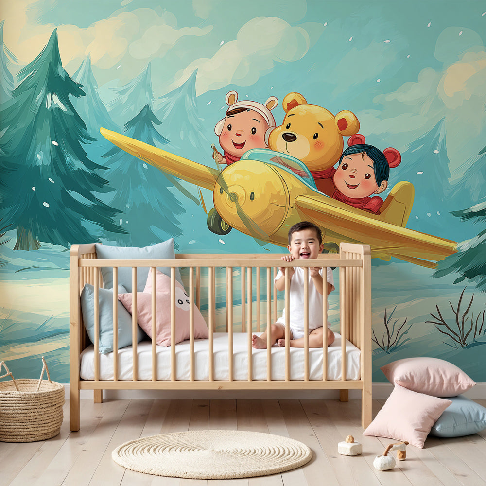 Winter adventure airplane mural wallpaper in cozy children's nursery by Kids-Mundo