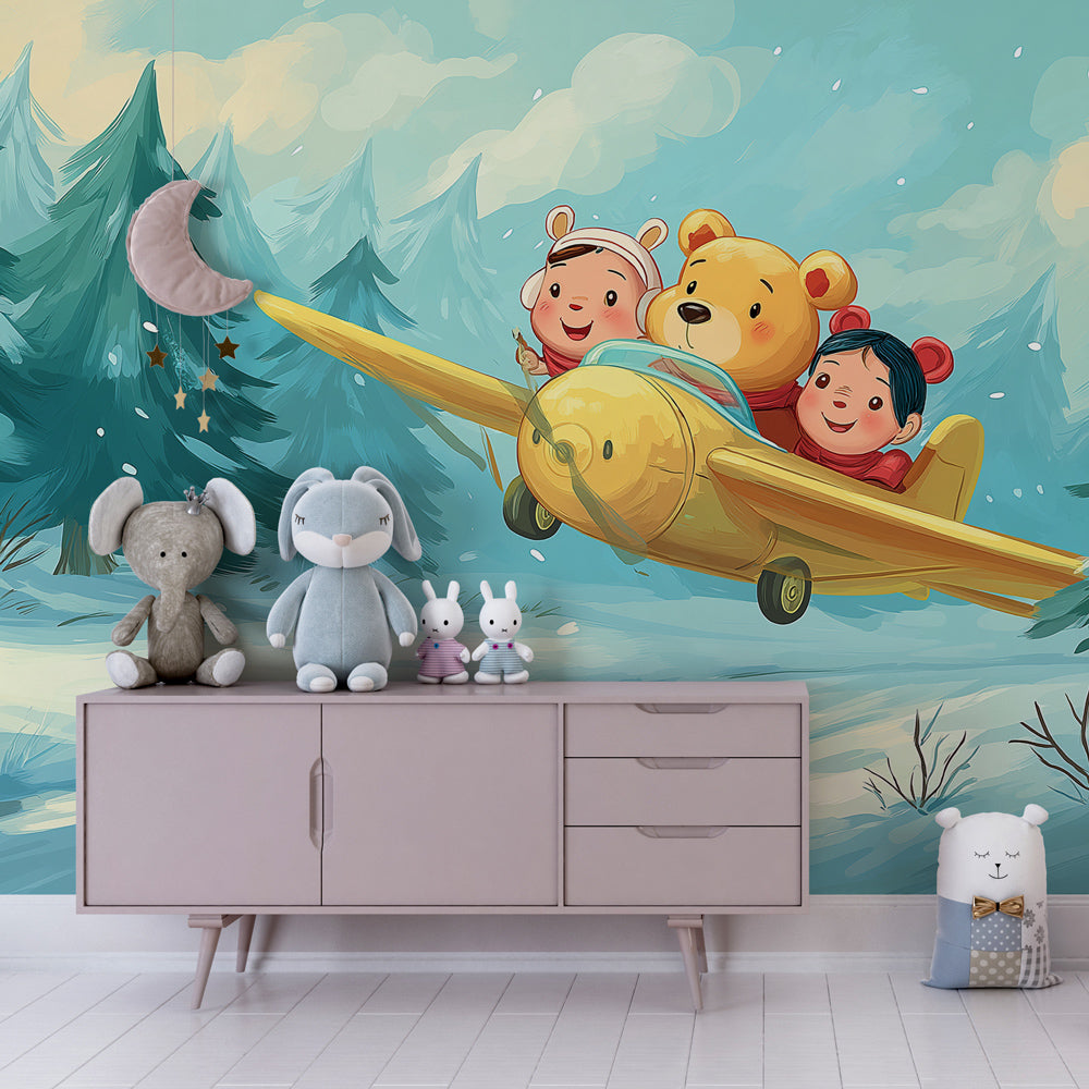 Kids bedroom featuring winter airplane adventure mural wallpaper with snowy forest scene